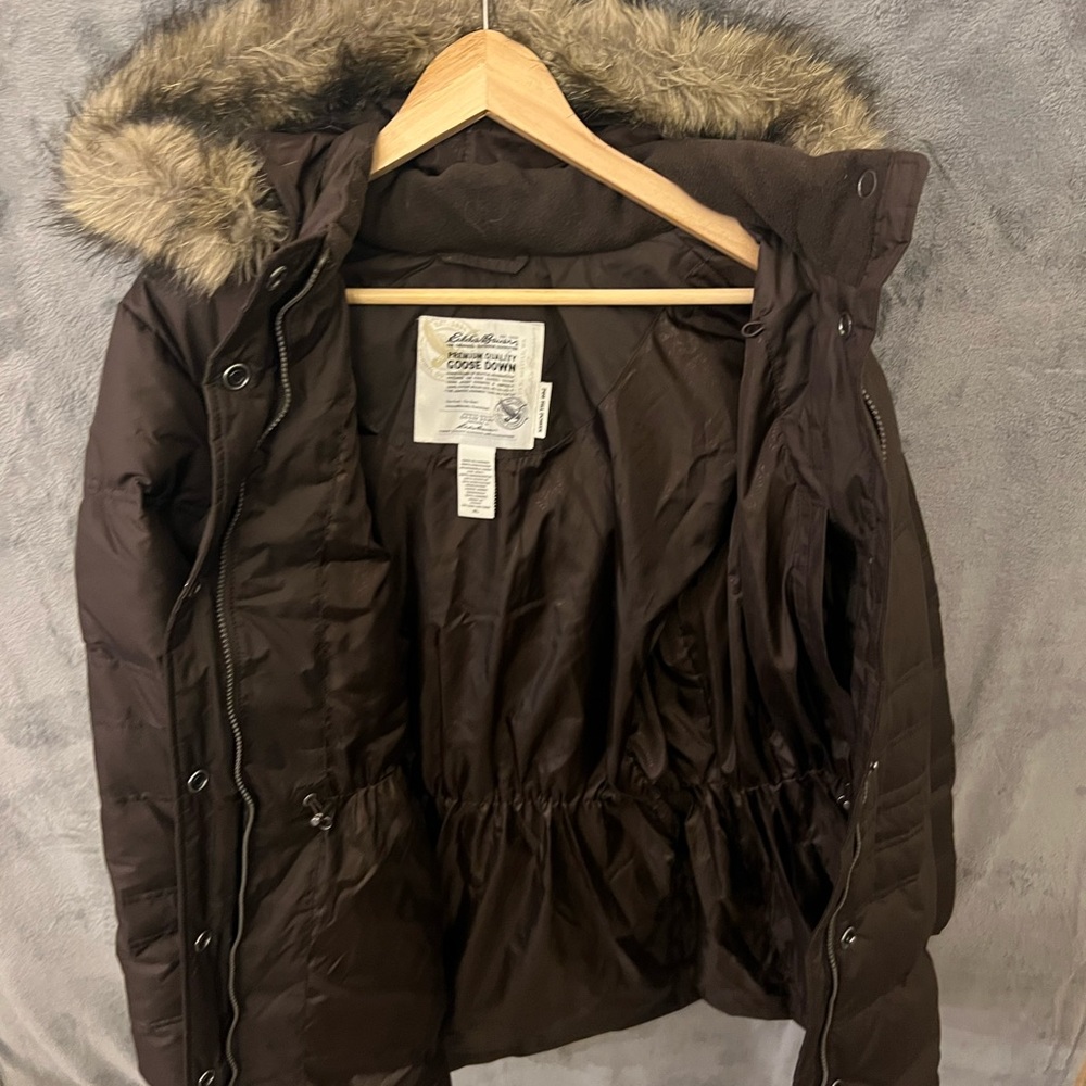 Eddie Bauer Chocolate Brown Goose Down 700 Fill coat faux fur brimmed hood